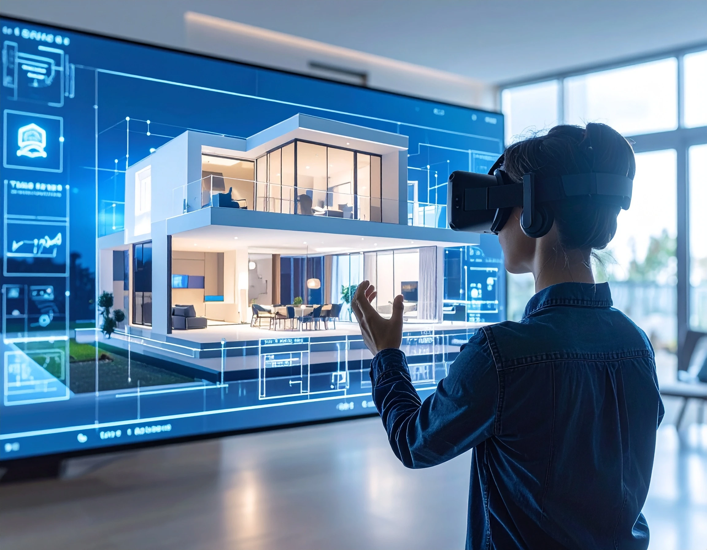 Homebuyer exploring a property through AI-powered 3D virtual tour and immersive walkthrough on a real estate website.