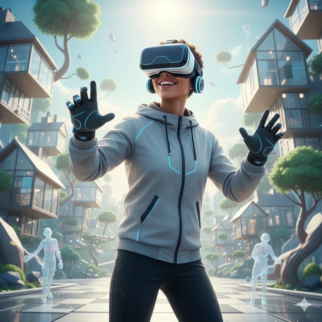A person wearing a VR headset smiles while exploring a virtual neighborhood