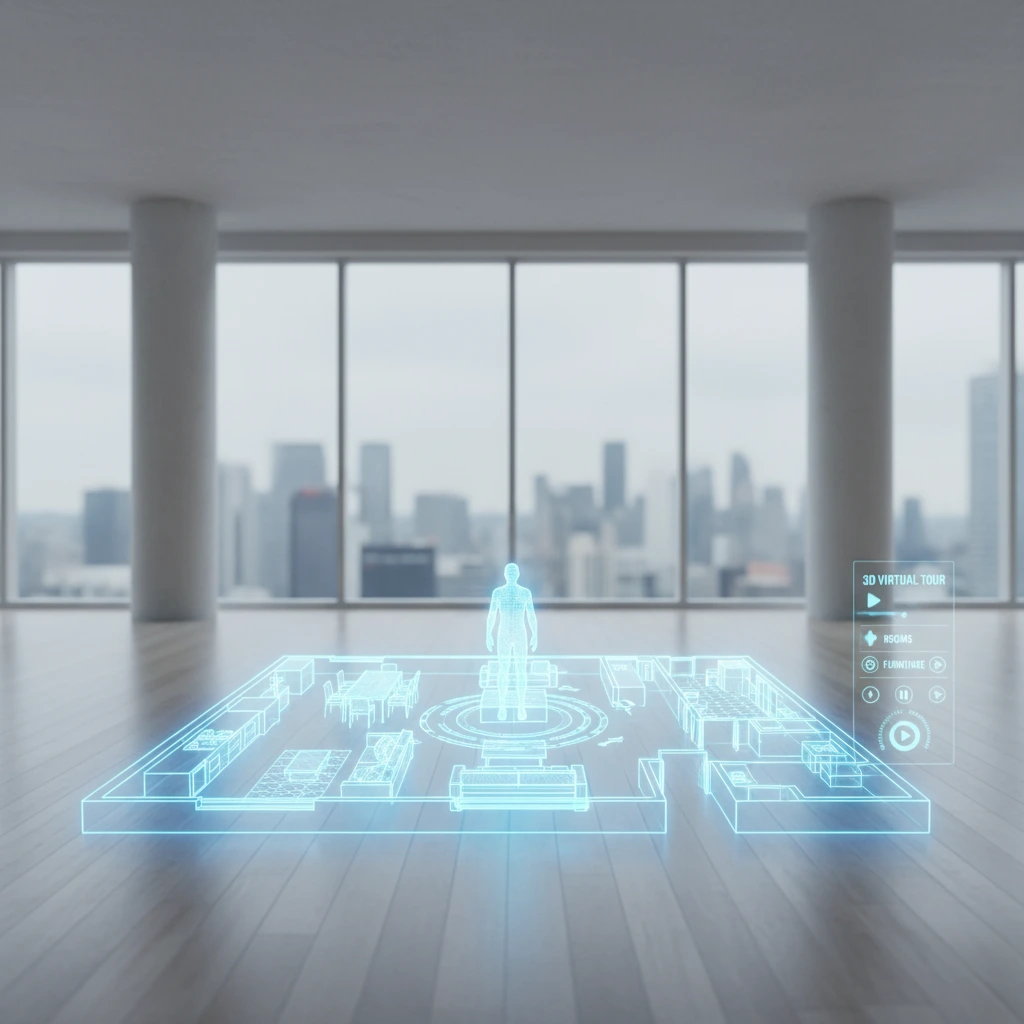 An interactive floor plan showing a 3D virtual walkthrough of a modern apartment