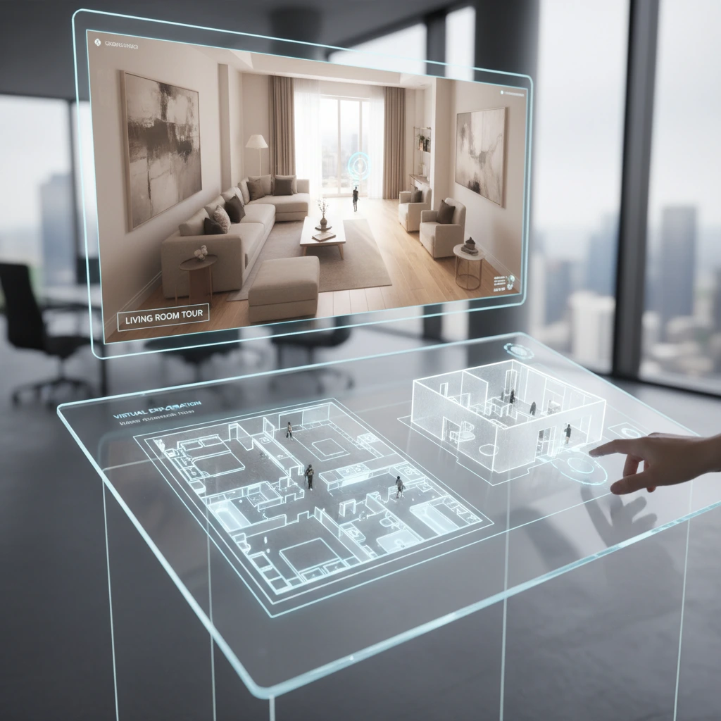 An interactive floor plan showing a 3D virtual walkthrough of a modern apartment