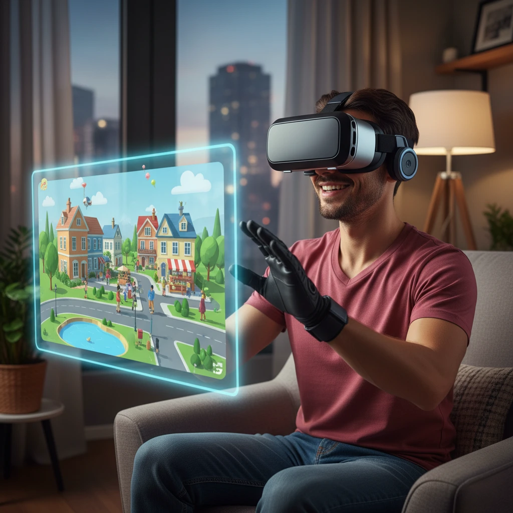 A person wearing a VR headset smiles while exploring a virtual neighborhood