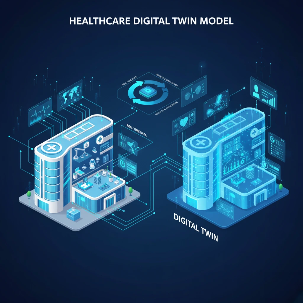 A graphic illustrating a digital twin in the healthcare model of a modern hospital facility..