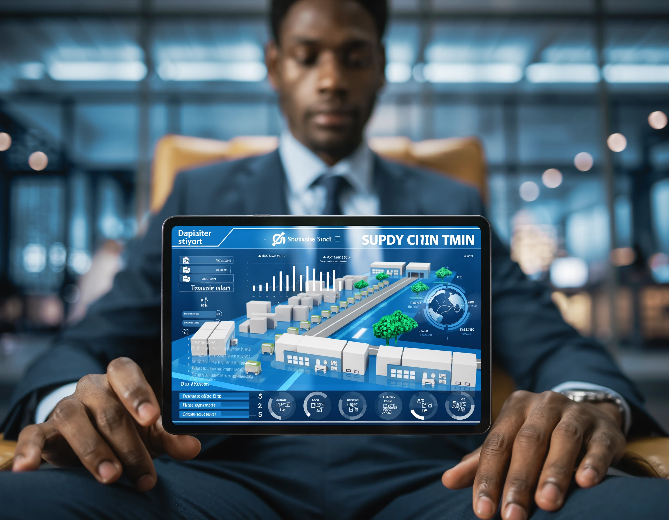 A real estate agent smiling while using a tablet to show a client a 3D virtual tour and CRM dashboard