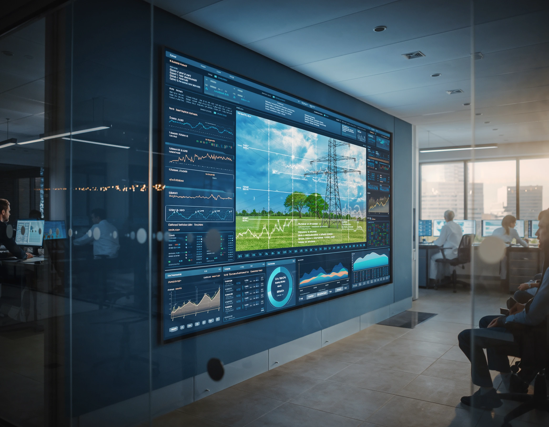 A dynamic dashboard visualizing a digital twin of a power grid with predictive analytics.
